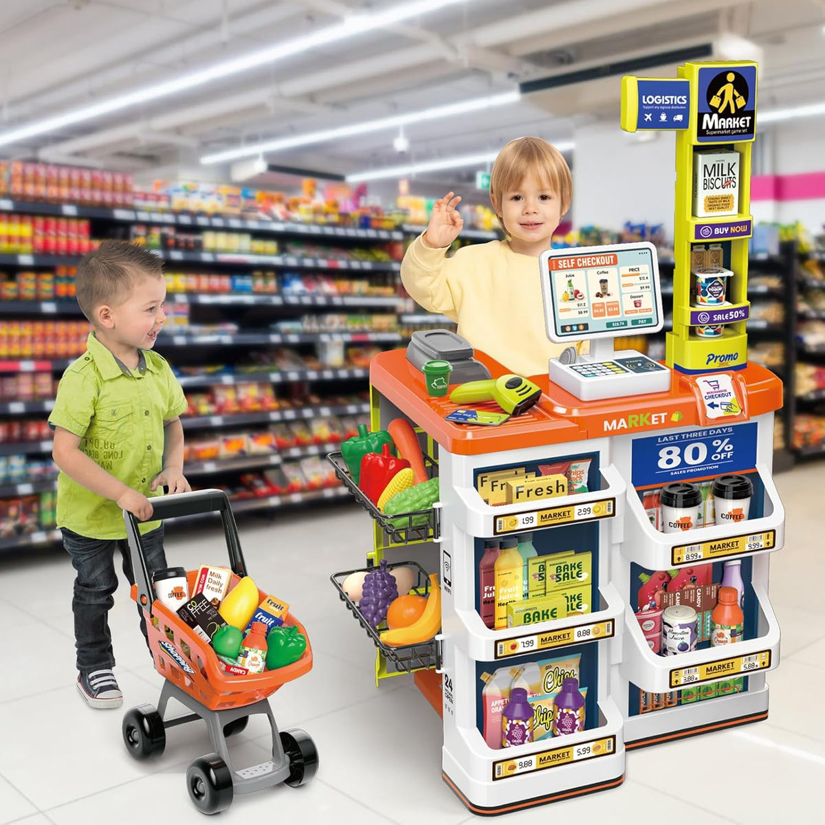 🛒 Supermarket Play Set for Kids (60 pcs) – Shop, Scan & Play! 🧃🍎